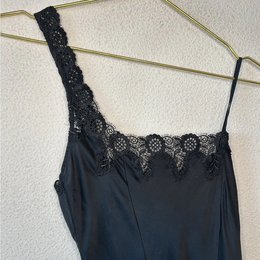 Vintage Y2K Black Silk Slip Dress Lace One Shoulder Maxi Goth S/M - Picture 12 of 13